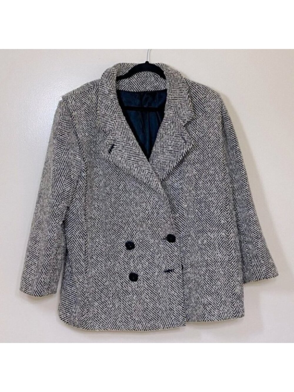 Vintage Foxland Petites Double Breasted Herringbone Wool Blend Pea Coat 14P